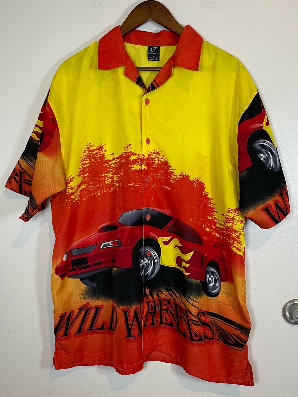 Claudio Nucci AOP Red Car Flames Size Large Short Sleeve Button Up Short